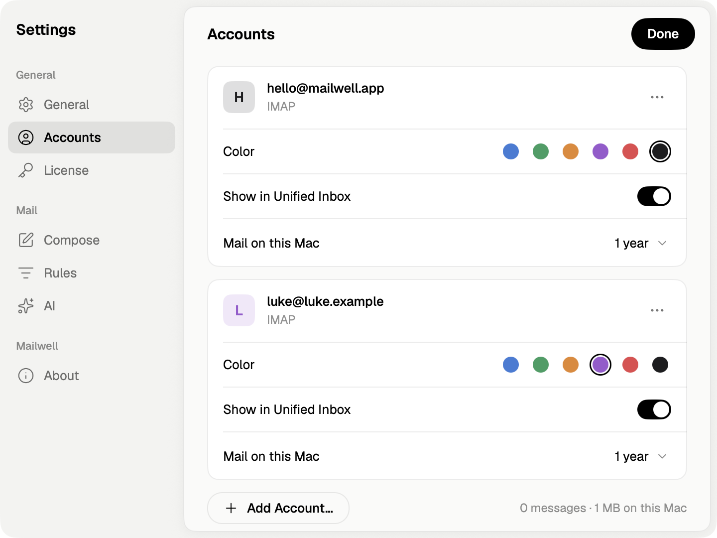 Settings, Accounts: each account in its own card with a color picker, Show in Unified Inbox, and how much mail stays on this Mac.