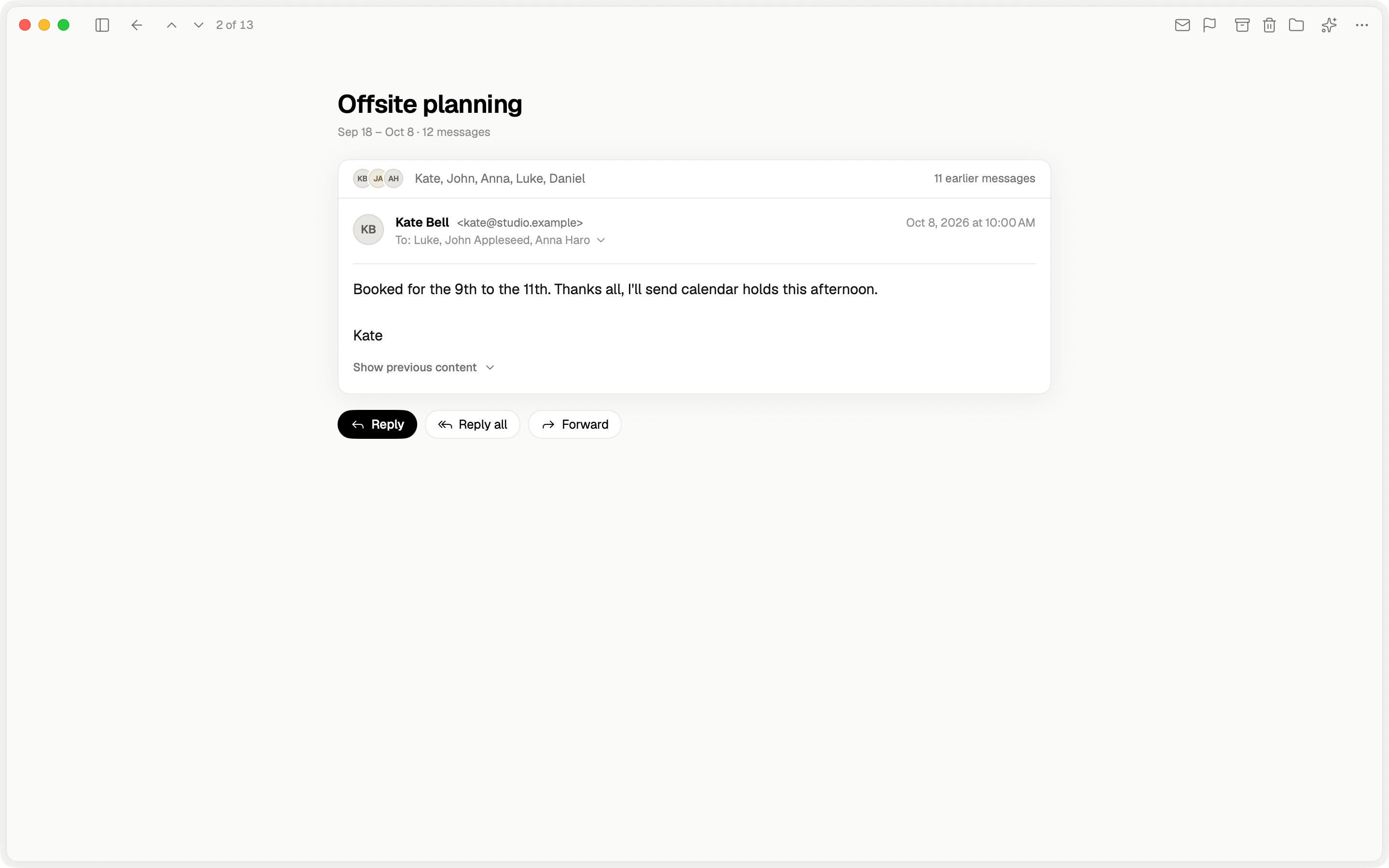 A conversation open in full width, centered on the page with a large title and the earlier messages folded into one line.