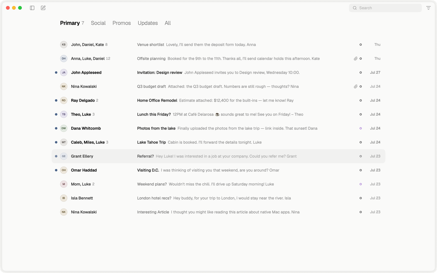 Mailwell 1.1 full width: the inbox tabs as a page title over a centered list of conversations on a soft paper canvas.